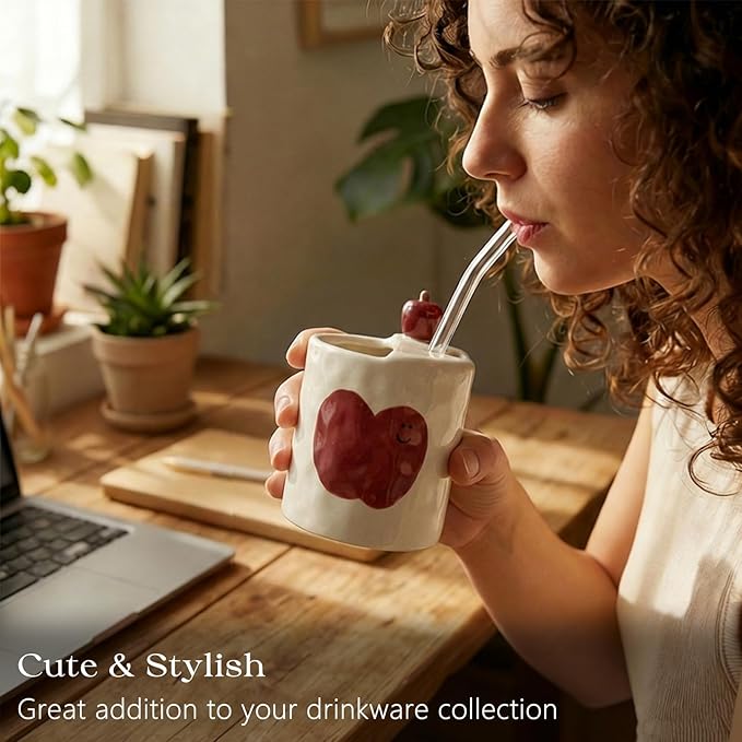 Ceramic Travel Mug with Half Lid, Apple Design Handmade Pottery Coffee Cup 12oz, Kawaii Reusable Coffee & Tea Tumbler, Microwave & Dishwasher Safe