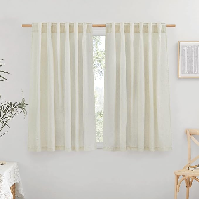 NICETOWN Short Thick Linen Curtains for Windows 54 inch Long, Rod Pocket & Back Tab Boho-Chic Privacy Added Semi Sheer with Light Filtering for Bedroom/Nursery, Off White, 1 Pair, W55 x L54