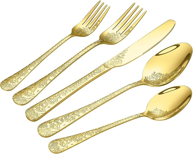40 Pcs Gold Silverware Set for 8, Food Grade Stainless Steel Flatware Set, Eating Utensils Sets Include Fork/Knife/Spoon, Reusable Cutlery Set for Home Kitchen, Dishwasher Safe, Embossed pattern-1