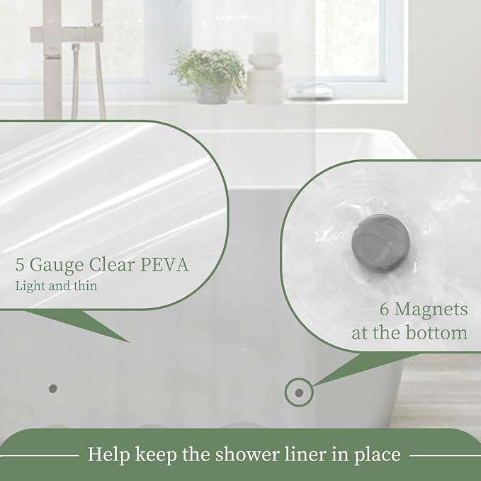 Mrs Awesome Clear Shower Curtain Liner with 6 Magnets, Waterproof PEVA Plastic Shower Curtain for Bathroom Standard Size 72 Inch, Clear