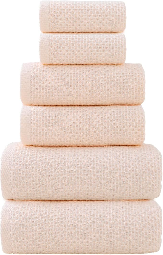 SK Studio 6 Piece Bath Towels Set, Cotton Hotel Large Waffle Bath Towels Absorbent Quick Dry with 2 Bath Towels, 2 Hand Towels, 2 Washcloths for Bathroom Spa, Pink 1