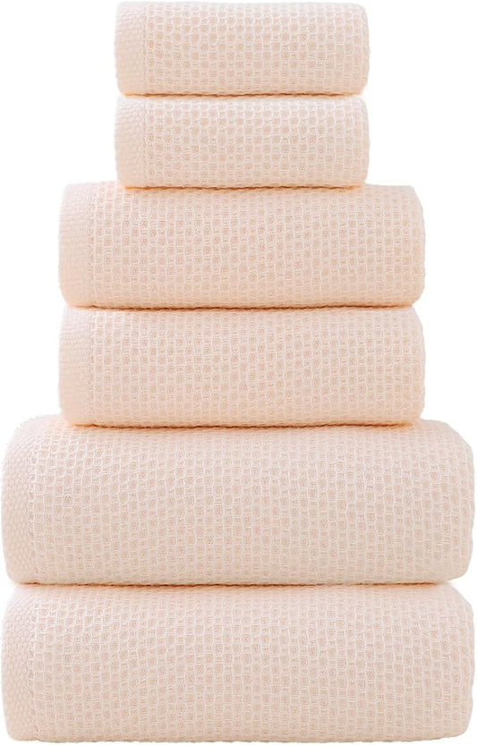 SK Studio 6 Piece Bath Towels Set, Cotton Hotel Large Waffle Bath Towels Absorbent Quick Dry with 2 Bath Towels, 2 Hand Towels, 2 Washcloths for Bathroom Spa, Pink 1