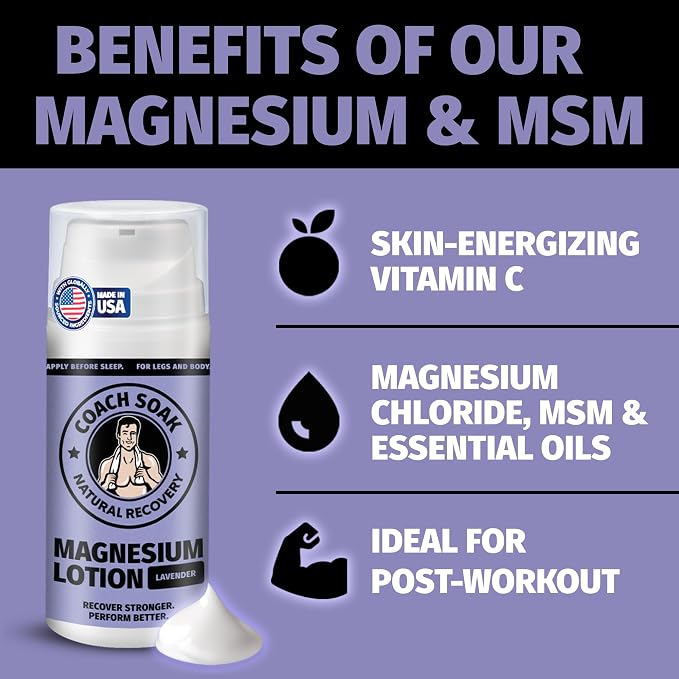 Coach Soak Magnesium Lotion with MSM & Menthol, Lavender 3.4 oz | Magnesium Chloride Non-Greasy Alternative to Epsom Salt Lotion and Cream - Apply Before Sleep for Feet, Leg Cramps & Body