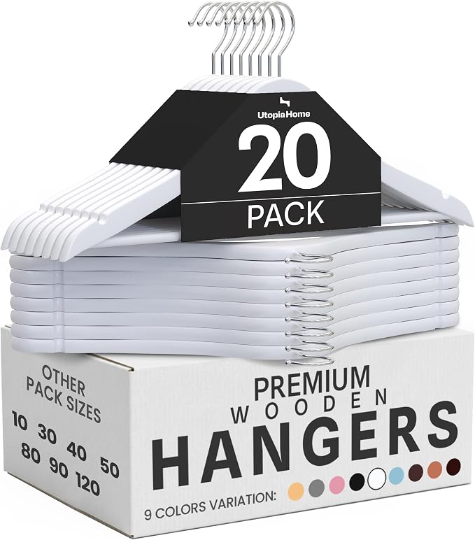 Utopia Home Premium Wooden Hangers 20 Pack - Durable & Slim Coat Hanger - Suit Hanger with 360-Degree Rotatable Hook - Wood Hangers with Shoulder Grooves (White Color)