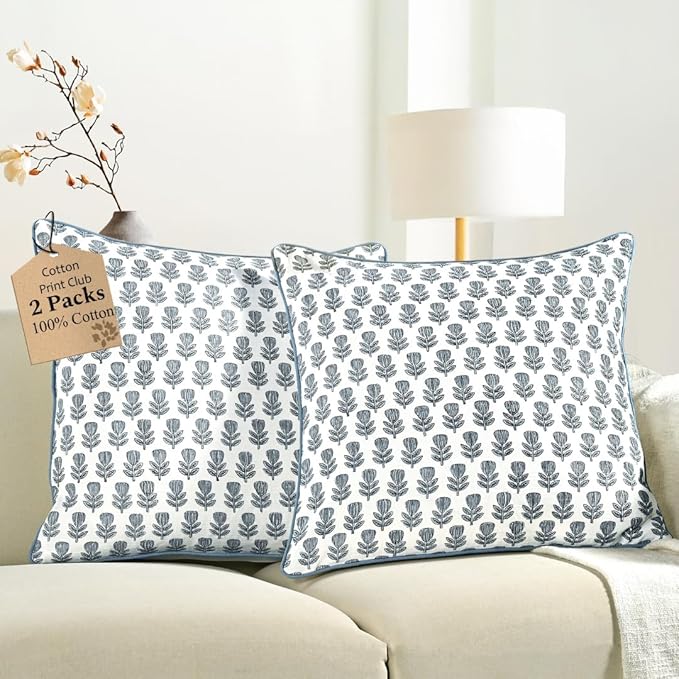 CPC Morning Bloom Blue Block Print Throw Cushion Cover 18 x 18 Inch Set 2 - Decorative Boho Floral Pillow Case For Living Room, Bed, Sofa, Couch, Home Decor Cushion Cover Gift For Spring, Mother's Day