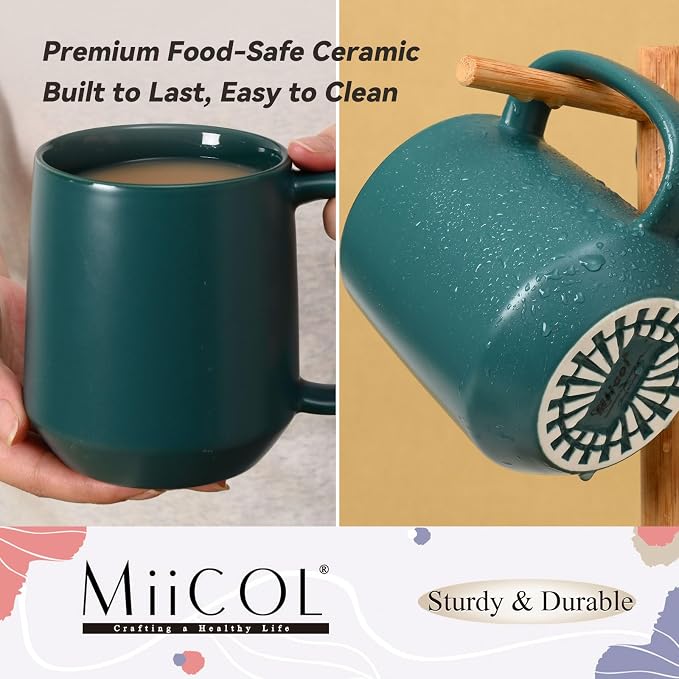 Miicol Ceramic Coffee Mug, 16 oz Large Coffee Cup, Tea Mug with Handle, Flat Bottom Mug for Men, Women, Office, Microwave and Dishwasher Safe, Multi-Color, Turquoise