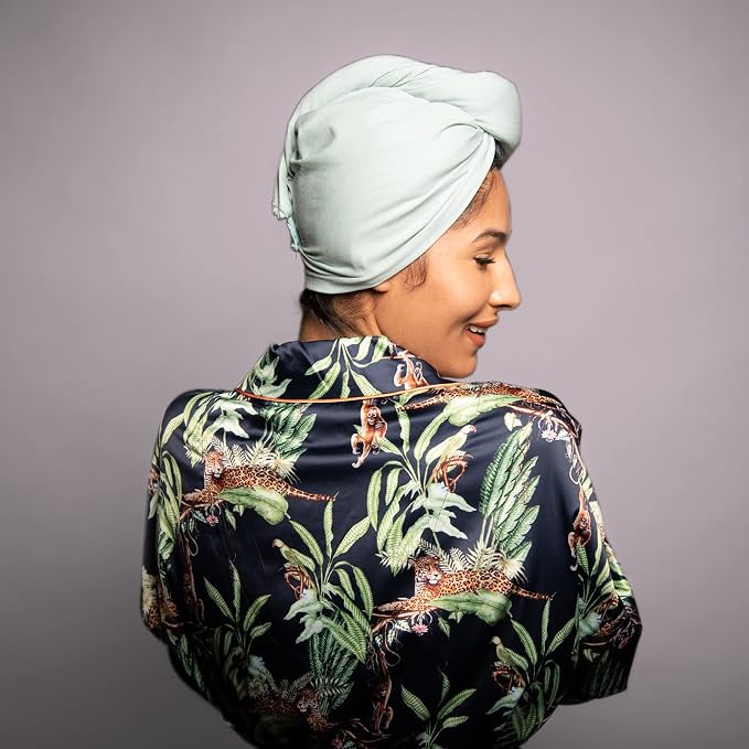 T-Shirt Hair Plopping Towel for All Textures - Cotton Blend Water Absorption Turban with Secure Button - Moisture Gentle Styling and Setting Wrap - Sage