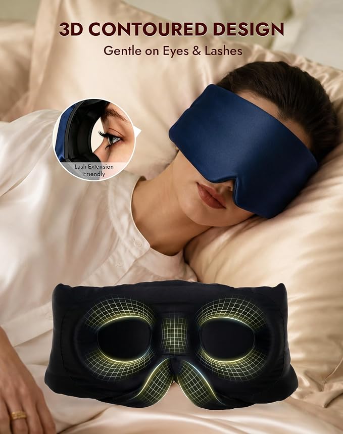 SilkSilky Silk Sleep Mask for Side Sleepers - 22 Momme 100% Mulberry Silk, Wide Face-Hugging 3D Eye Mask for Total Blackout, Zero Pressure & Adjustable Band for Women Men (Dark Blue)