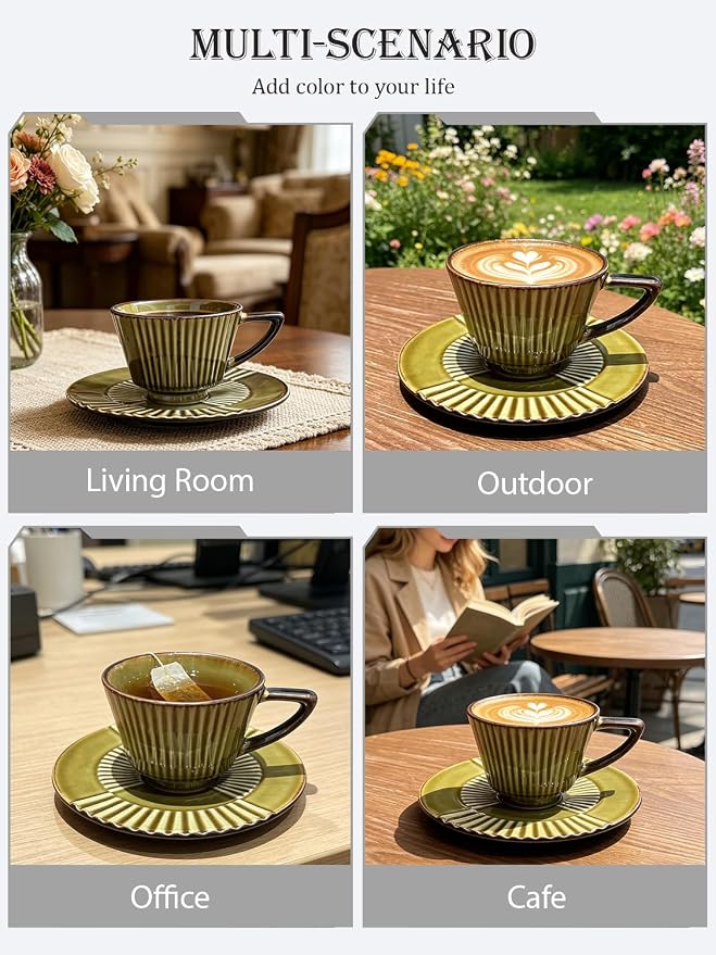 Ceramic Coffee Cup and Saucer Set, 6.7 oz Espresso Cup Set with Plate, Olive Gold Ceramic Tea Cup for Latte, Cappuccino, Coffee Bar and Kitchen Décor