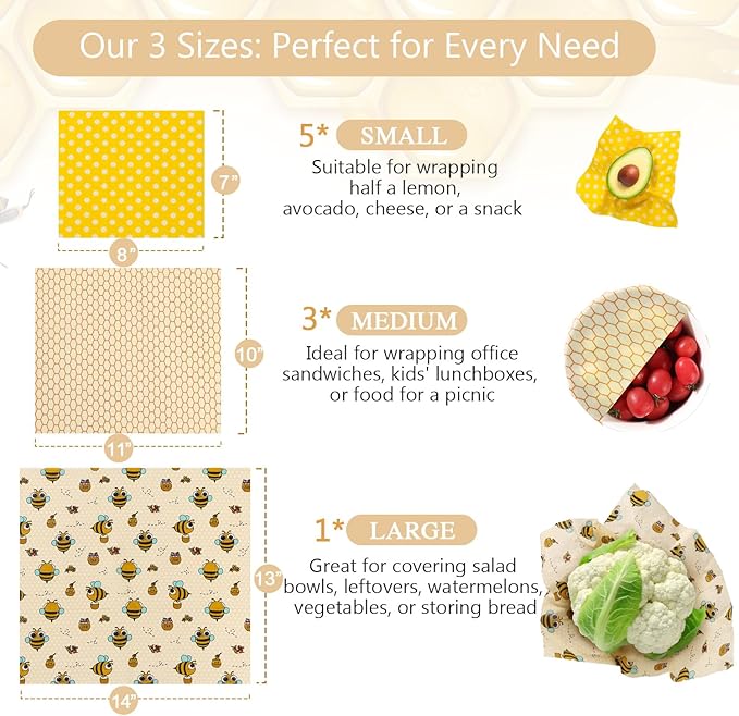 Beeswax Wraps for Food - 9 Pack Reusable Food Wraps | Sustainable, Plastic-Free Alternative to Plastic Wrap & Foil | Sandwich, Cheese, Bread & Bowl Covers for Eco-Friendly Food Storage