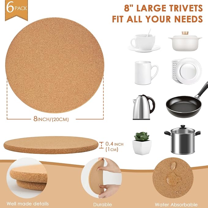 6 Pack Cork Trivets for Hot Dishes, 8" High-Density Thick Pads for Pots and Pans, Heat Resistant Kitchen Mats, Multifunctional Corkboard for Plant Coasters and DIY Crafts Trivets for Hot Pots and Pans