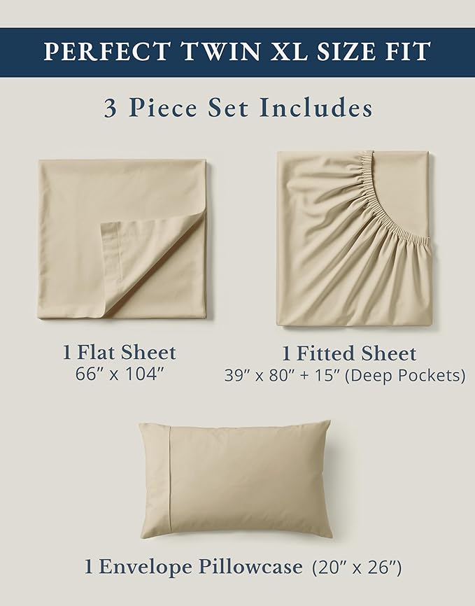 LANE LINEN Twin XL Sheets Set, 100% Mercerized Organic Cotton Twin XL Bed Sheets Set with sily Touch Finish, Soft and Comfy Fully Elasticized Percale Weave Low Pilling XL Twin Sheets Set -Linen