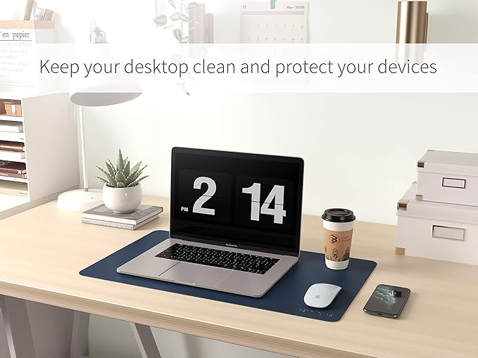 RENMTURE Dual-Sided Mouse Pad, Natural Cork & PU Leather Large Desk Pad for Office and Home Work, Desk Protector Non-Slip, Waterproof, Easy Clean (Dark Blue, 23.6" x 13.7")