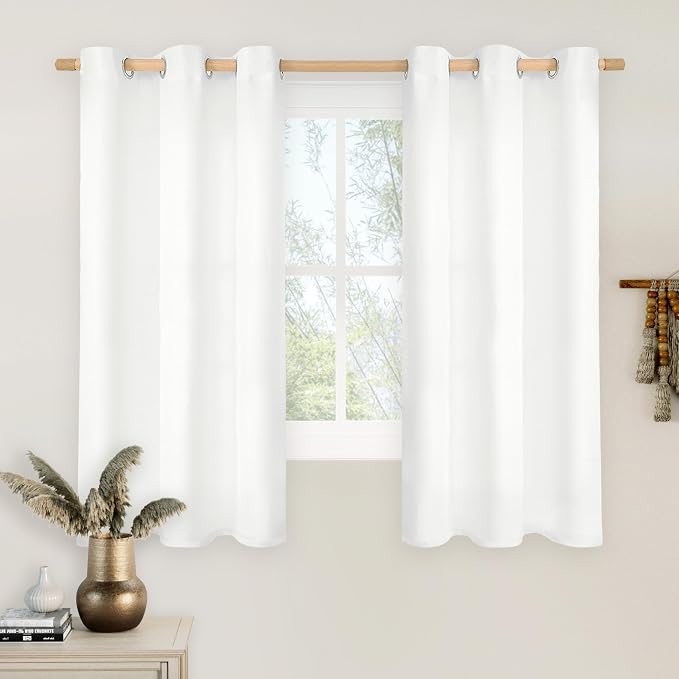 LAMIT White Linen Curtains 48 inch Length for Small Windows, Grommet Light Filtering Linen Textured Drapes for Bedroom/Kitchen/Bathroom, 2 Panels Set, W42 x L48