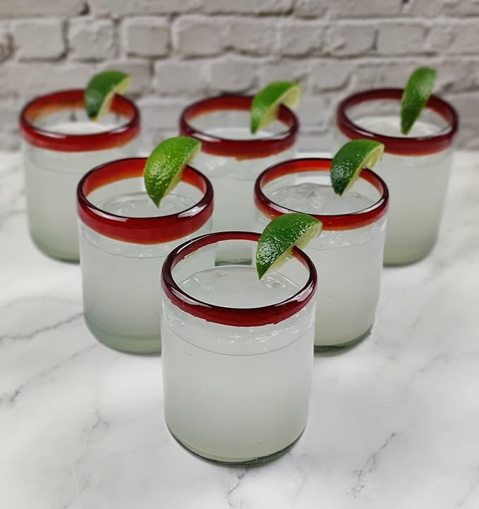 Dos Sueños Hand Blown Mexican Drinking Glasses - Set of 6 Tumbler Glasses with Red Rims (10 oz each)