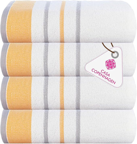 CASA COPENHAGEN White Bay 4Pcs 100% Egyptian Cotton Large Designer Towels Gift Set- Grey-Gold, 600GSM, 55"x27", 4Bath Towels for Bathroom (Box Pack, Gift Ribbon, Set for Women & Men)