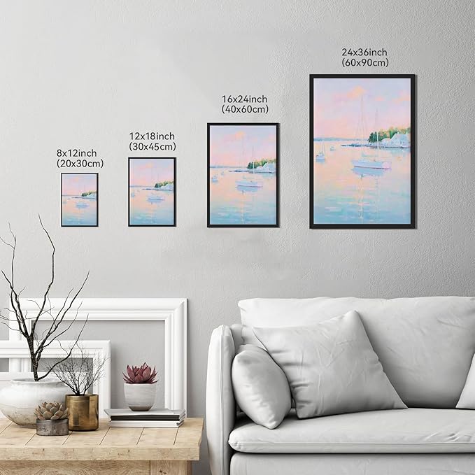 Coastal Pink Wall Art Set of 3 Maximalist Ocean & Beach Landscape Canvas Poster Trendy Sailboats Flowers Sunset Painting Pastel Picture Prints for Bedroom Home Decor 16x24inch Black Framed