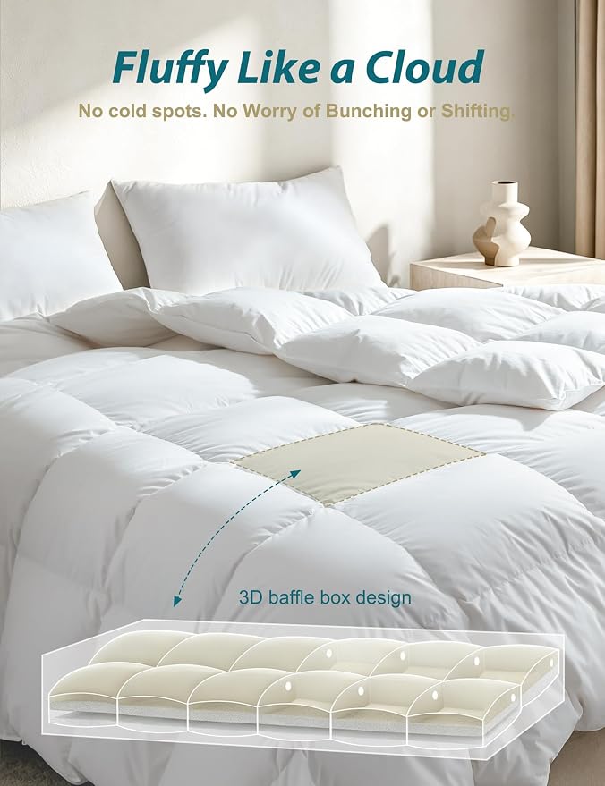 Cobnom® Luxury Organic Down Comforter Oversized Queen, High Fill-Power Down Feather Fibers Duvet Insert with 100% Cotton Cover, Medium Warm for All-Season, Ivory White, 98x98 Inch