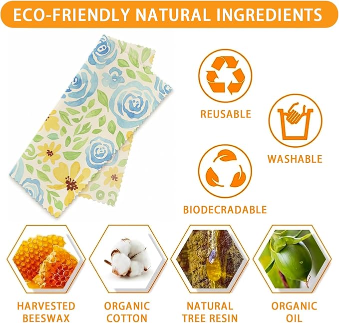 Reusable Beeswax Wraps, 9 Pack, Sandwich Snack Bowl Bread Cover, Organic Sustainable Zero Waste Plastic-Free Food Storage, 1XL 3M 5S, Watercolor Floral Patterns