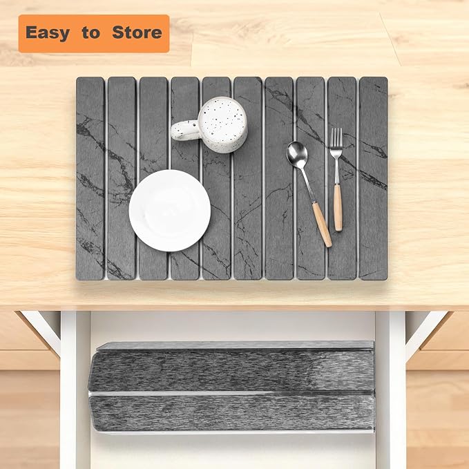 Large Stone Dish Drying Mat for Kitchen Counter ,24×16 inch Marble Diatomaceous Earth Drying Mat ,Foldable Dish Quick Dry Mats ,Multi-purpose Dry Stone Mats for Dishware and Cups