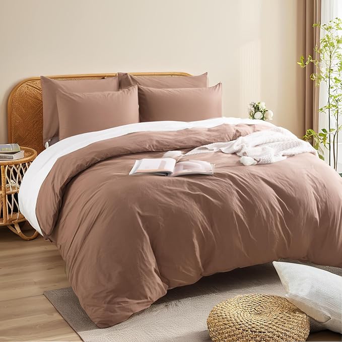 NEXHOME PRO Duvet Cover Set 100% Washed Cotton Super King 108"x98", Organic Natural Linen Look Textured 3 Pieces Bedding Set Mocha Brown with Zipper Closure, Breathable (No Comforter)