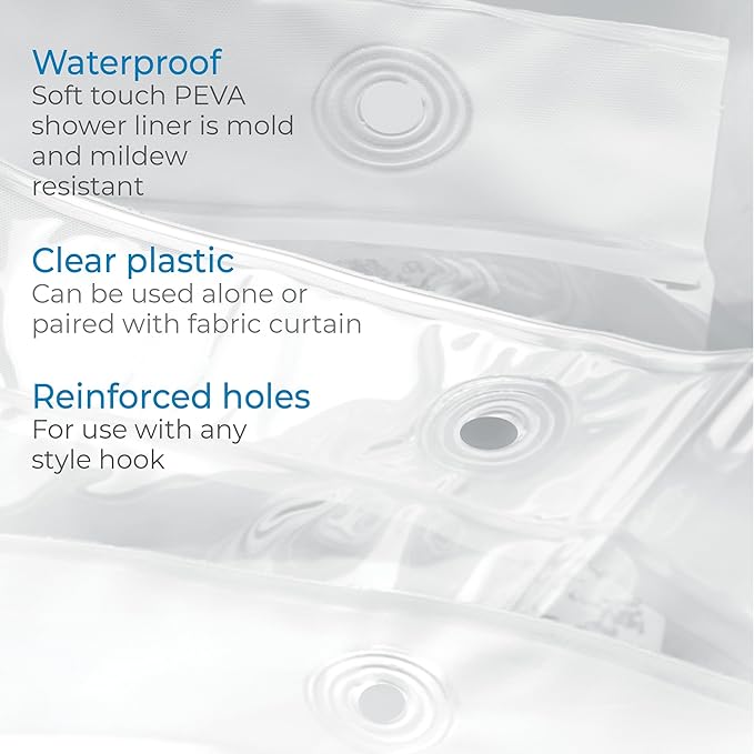 iDesign Waterproof PEVA Plastic Shower Curtain Liner for Use Alone or With Fabric Curtain, 72” x 72”, Clear