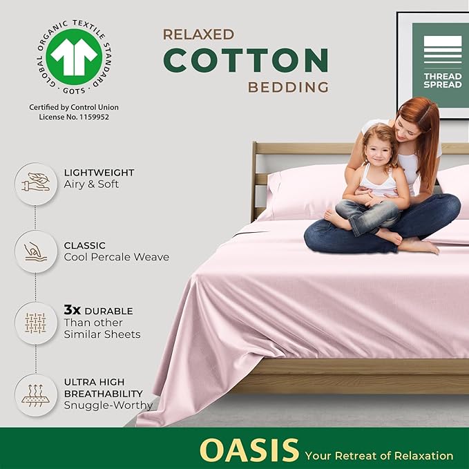 THREAD SPREAD 100% Organic Cotton Sheets Full Size - 4 PC Organic Cotton Full Size Percale Weave Sheet Set, Soft, Cooling, Crisp & Breathable, 16" Deep Pocket Hotel Quality Bedding Set - Blush