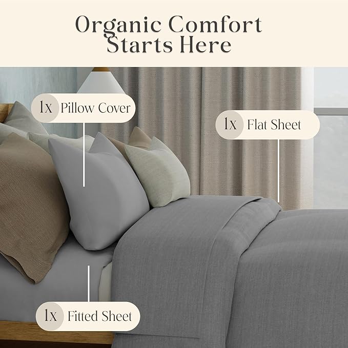 Delilah Home 100% Organic Cotton Full Bed Sheet Set, GOTS & Vegan.org Verified, Long Stem 300 TC Sateen Bedding, Non-Synthetic, Deep Pocket Fitted Linen, Lightweight, All-Season, 3 Piece Set - Grey