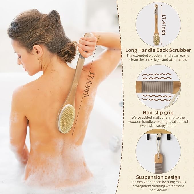 Back Scrubber for Shower, Shower Brush Long Handle with Boar Bristle and Massage Nodes, Exfoliating Body Scrubber for Lymphatic Drainage, Cellulite & Blood Circulation