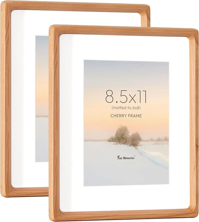 8.5 by 11 Picture Frame, USA-Sourced Cherry Wood Photo Frame with HD Tempered Glass, Handcrafted Rounded Corner 8.5 x 11 Wooden Picture Frames Matted to 6x8 Photos, Tabletop or Wall Display-2p | Hd Tempered Glass