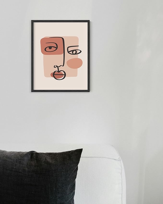 Abstract Face Wall Art Continuous Line Drawing Organic Shapes Earth Tones Terracotta Mid Century Modern 8x10 Inch Oak Wood Black Framed Minimalist Portrait for Bedroom Decor