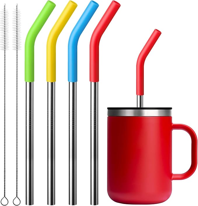 Replacement Straw Fit for 6 oz, 8 oz, 10 oz, 12 oz Tumbler-4-Pack Tumbler Straws Short Stainless Steel Straws with Silicone Tips, BPA Free
