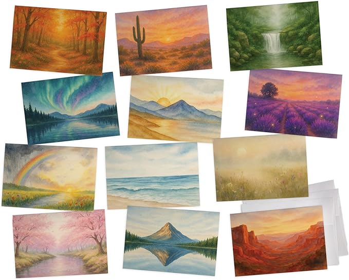 24 Pack Peaceful Landscape Blank Note Cards Set – Nature Scenery Watercolor Art Designs – Tranquil Forests, Mountains, Meadows – Blank Inside Stationery for Encouragement, All-Occasion, Thank You