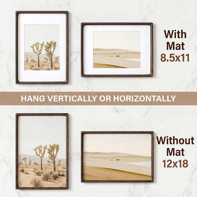 Fun Memories 12x18 Poster Frame, Natural Wenge Wood Picture Frame with HD Tempered Glass, Handcrafted Rounded Corner 12 x 18 Wooden Frames Matted to 8.5x11 Photos, Horizontal or Vertical Wall Display