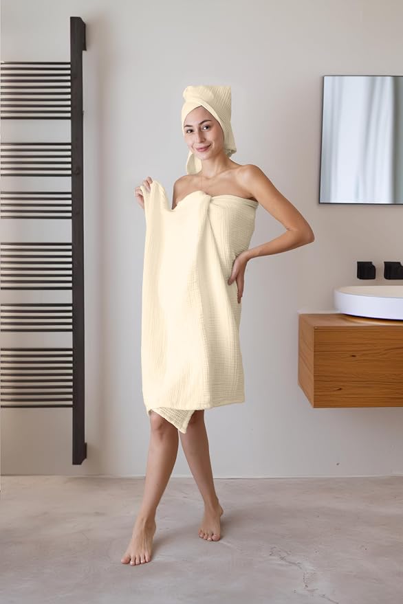 4 Pieces Muslin Towel Set for Bathroom, Luxury 100% Turkish Cotton Thin Soft Quick-Dry Lint-Free Large Size Bath Hand Towel Sets (Natural, 2 Bath & 2 Hand Towel Set)