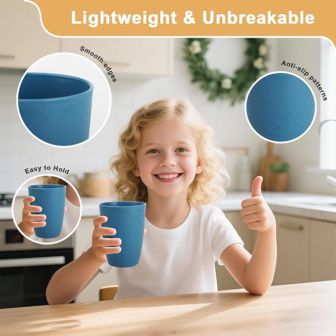 Premium Wheat Straw Cups Set of 6, Drinking Glasses 12 OZ, Alternative to Plastic Cups Reusable, Unbreakable Water Cup, Microwave and Dishwasher Safe Drinking Cups for Kitchen - Blue