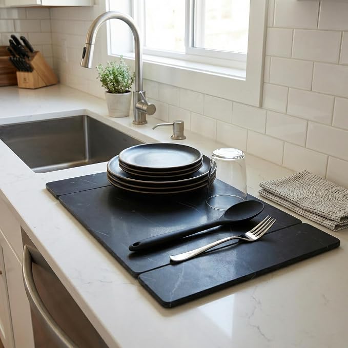 Selegna Stone Drying Mat for Kitchen Counter, Diatomite Stone Dish Drying Mat & Kitchen Sink Mat, Quick-Dry Diatomaceous Earth Counter Mat, Collapsible Tri-Panel Design
