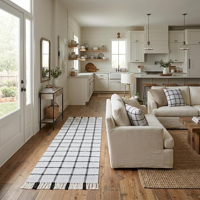 PEARL+CREEK Flenn Checkered Rug Runner Handwoven Cotton Washable 2x6ft,1PC