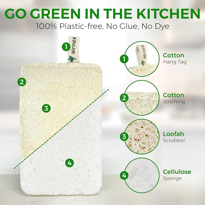 AIRNEX Natural Loofah Sponges for Dishes - Pack of 6 Plastic Free Loofah Kitchen Sponges with Cellulose Core & Cotton Loop - Non Toxic Natural Sponges for Dishes & Kitchen Cleaning