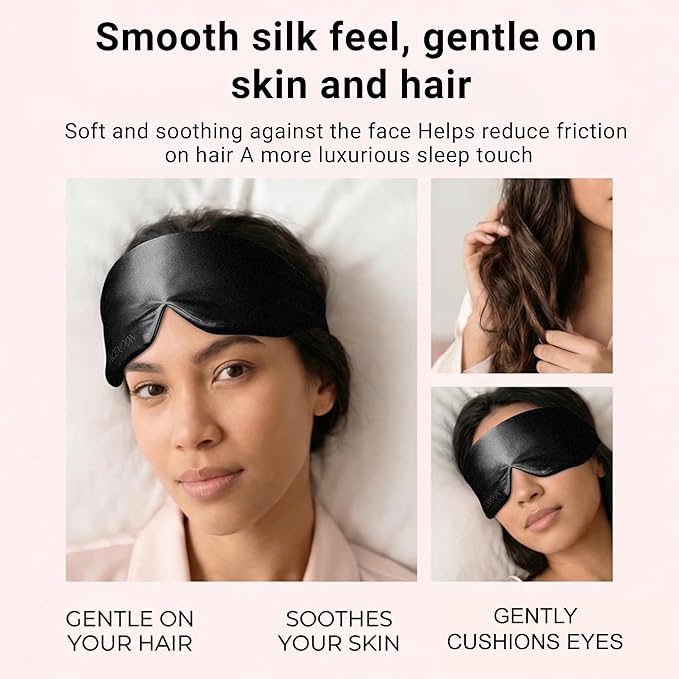 Silk Sleep Mask for Side Sleepers, Eye Mask for Sleeping Women Men, Face-Hugging Padded Eye Cover, 100% 22 Momme Pure Mulberry Silk, Soft Light Blocking Mask for Travel, Naps & Shift Workers (Black)