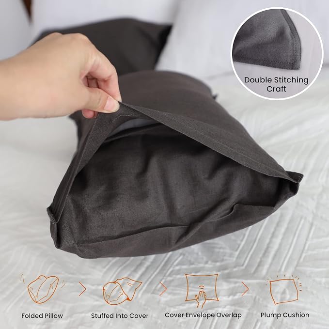 Simple&Opulence Linen Lumbar Pillow Covers 12x20 Inch Set of 2 Flax Cotton Blend Rectangular Decorative Throw Cushion Cover for Couch Sofa Bedroom Office Soft Breathable Farmhouse - Dark Grey