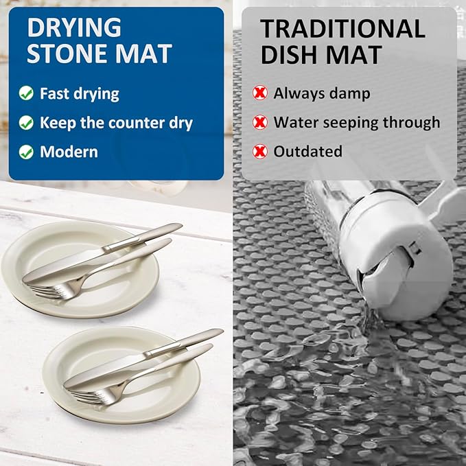 Stone Dish Drying Mat for Kitchen - 3Pcs Stone Drying Mats, Water Absorbing Quick Dry Coffee Tray, Diatomaceous Earth Dish Pad for Sink Counter, Large & Small Multi-Purpose Bottle Rack, Ivory-Marble