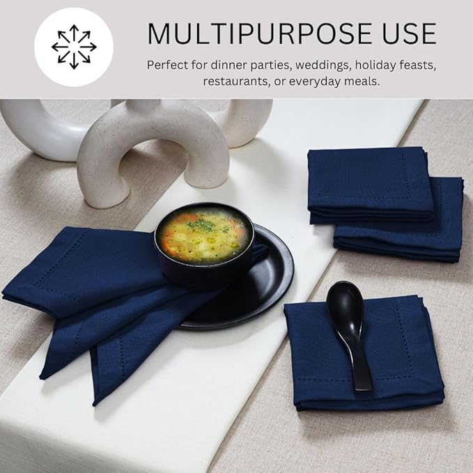 Hemstitch Cloth Dinner Napkins 100% Cotton Set of 6 - for Dining Special Occasions Weddings Parties Holidays Easter - Soft Durable Reusable - 18x18 Inch Table Cloth Napkins Navy Blue