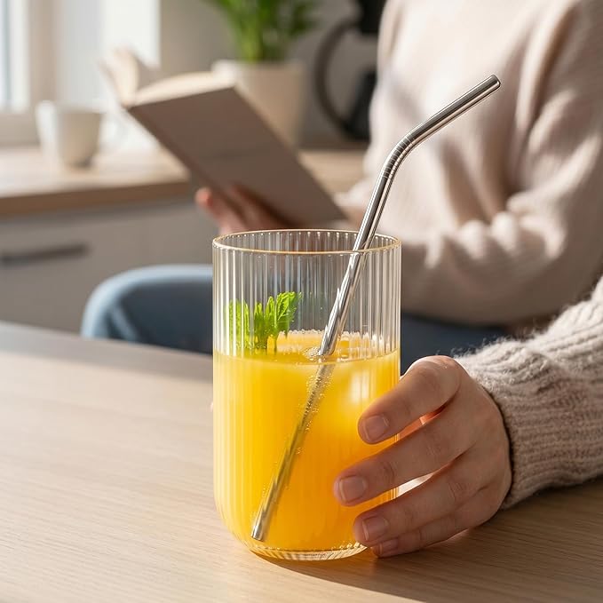 16 Pack Reusable Stainless Steel Metal Straws, 4 Straight + 4 Bent 10.5 Inch and 4 Straight + 4 Bent 8.5 Inch Metal Straws with 2 Cleaning Brushes, Straw Compatible with 20/30 oz Tumbler