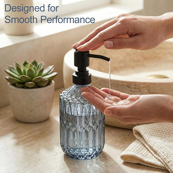2-Pack Blue Glass Soap Dispenser with Black Rust Proof Pump, Elegant Bathroom Soap Dispenser, Vintage Kitchen Countertop Soap Dispenser for Hand Soap, Dish Soap, Lotion, Body Wash (14 OZ)