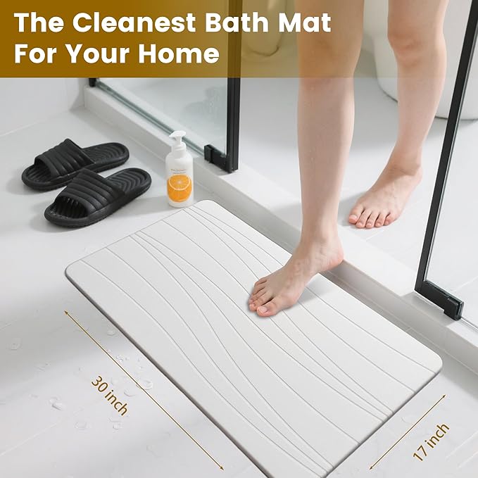 Extra Large Stone Bath Mat, 30'' x 17'' Diatomaceous Earth Non-Slip Stone Shower Mat, Super Absorbent Diatomite Stone Mats for Bathroom White XL Flow