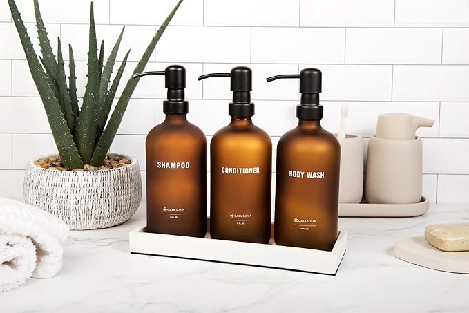 Frosted Amber Glass Shampoo and Conditioner Dispenser Set – Refillable 16 oz Pump Bottles with Concrete Tray – Luxury Bathroom Organization & Modern Shower Soap Dispensers