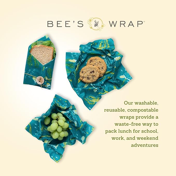 Bee's Wrap Beeswax Wraps for Food - 3 Pack of Assorted Beeswax Wraps - 2 Medium & Sandwich Wrap - Plastic Free Made in USA Reusable Natural Food Wrap - Ocean