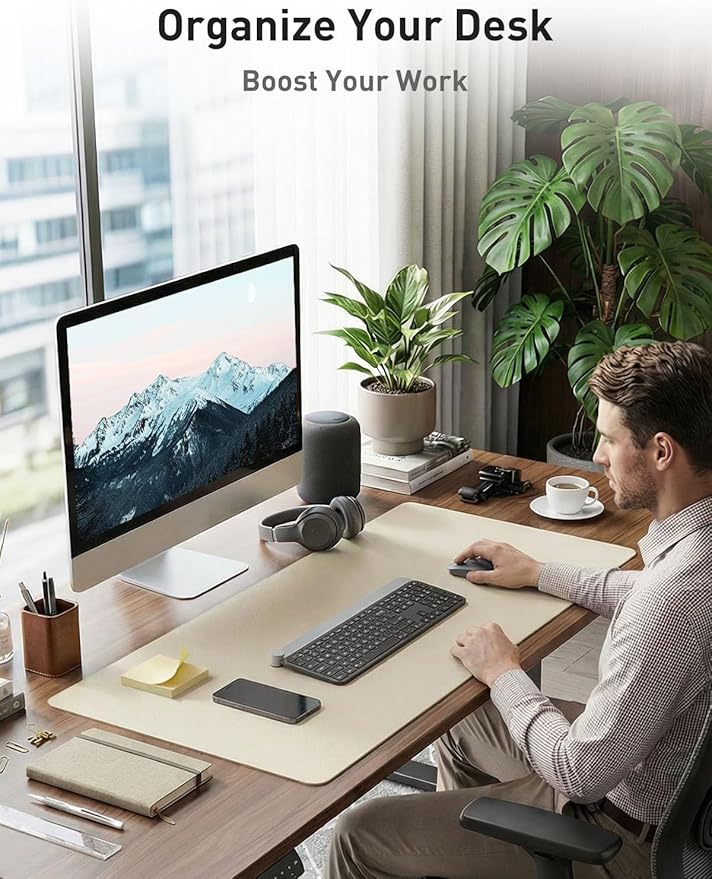 Aothia Faux Leather Desk Mat - Non-Slip PU Leather Desk Blotter, Waterproof Writing Surface, Large Desk Pad for Office & Home (Beige, 55" x 24")