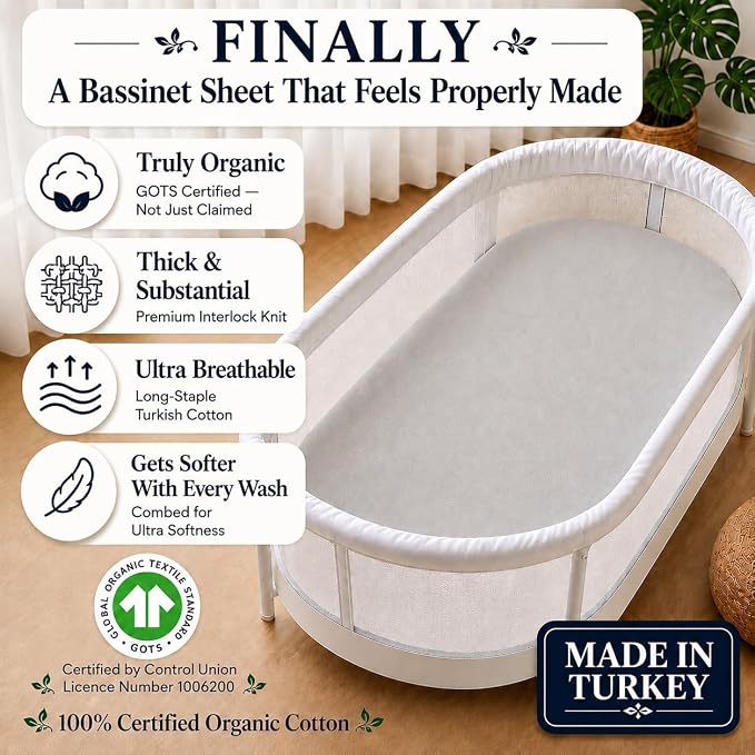 GOTS Organic Bassinet Sheets Compatible with Halo BassiNest Swivel Sleeper, 4moms mamaRoo Sleep Bassinet, Pure Ultra Soft Turkish Organic Cotton